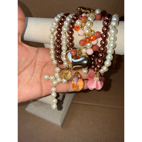 Jewelry - 7pc Handmade Mocha Brown & Cream Pearl Stacking Bracelets with Charms